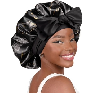 image:imageYANIBEST Adjustable Silk Bonnet for Sleeping Women Double Layer Satin Bonnet Reduce Friction Prevent Frizz Curly HairBlackgold Leaf