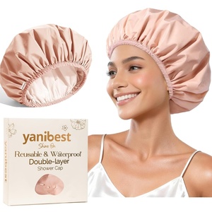 image:imageYanibest Shower Cap Reusable Waterproof Double Layer Shower Caps for Women  Washable Shower Bonnet with Soft NonSlip Elastic Band Bath Hair Hat for Most Hair TypesPeachy Pink