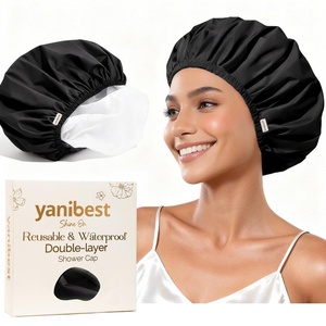 image:imageYanibest Shower Cap Reusable Waterproof Double Layer Shower Caps for Women  Washable Shower Bonnet with Soft NonSlip Elastic Band Bath Hair Hat for Most Hair TypesBlack