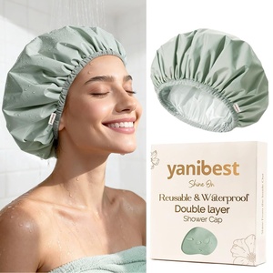image:imageYanibest Shower Cap Reusable Waterproof Double Layer Shower Caps for Women  Washable Shower Bonnet with Soft NonSlip Elastic Band Bath Hair Hat for Most Hair TypesGreen